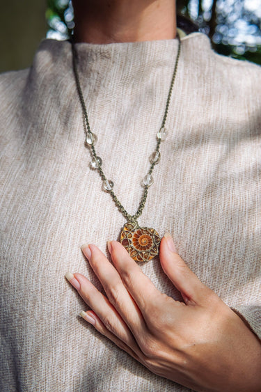 Crystalised Ammonite Fossil with Clear Quartz Necklace